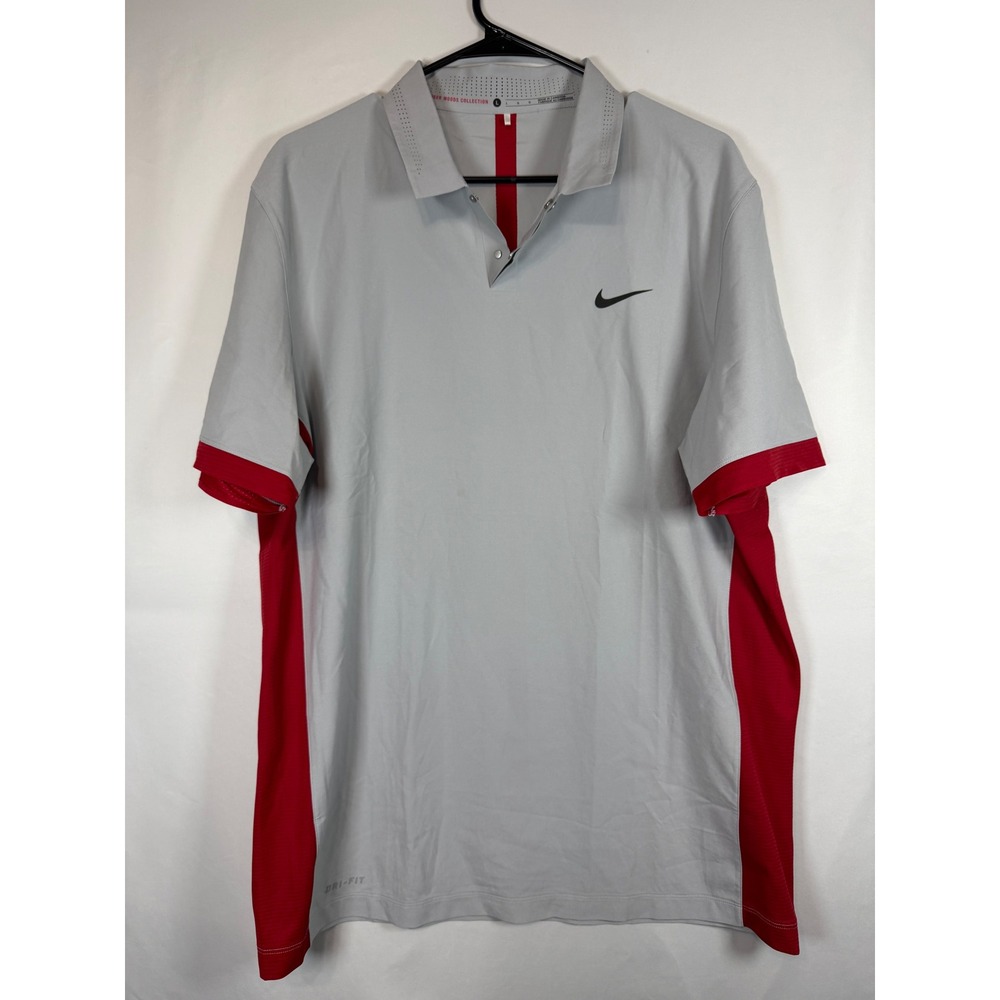 Nike Tiger Woods Collection Golf Polo Shirt Mens Large Grey Red Dri-FIT Snap L